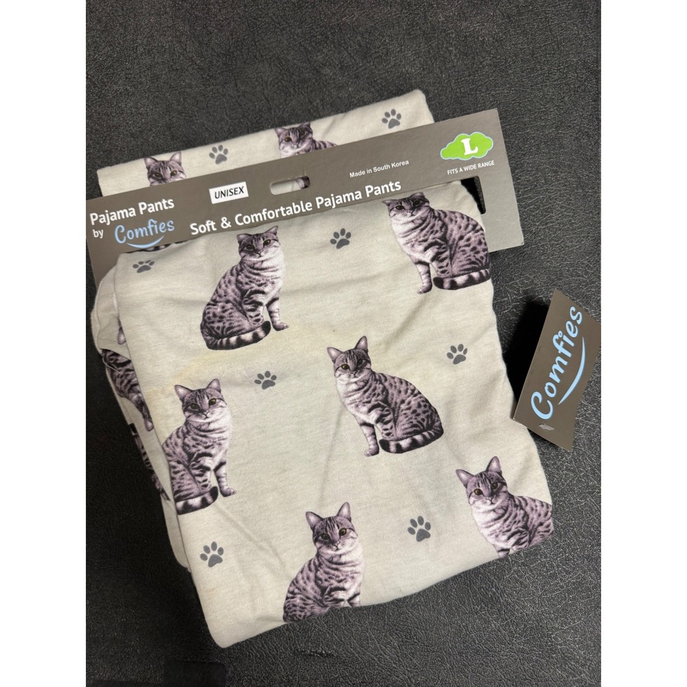 Comfies Unisex Silver Tabby Cat Pajama Pants Gray Large NWT Loungewear 351-9-L